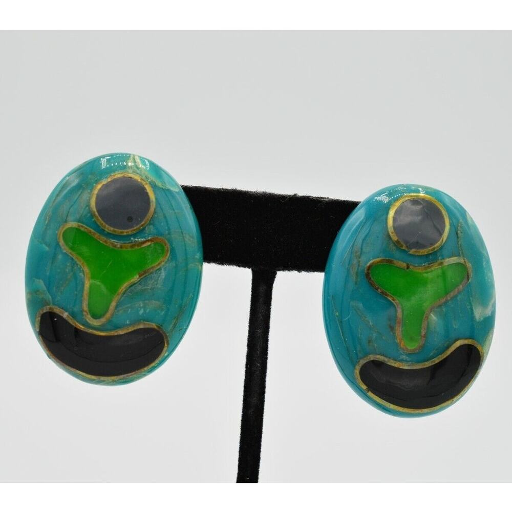 Vintage Statement Earrings Chunky Lucite Oval Painted Abstract Teal 1980s BnS
